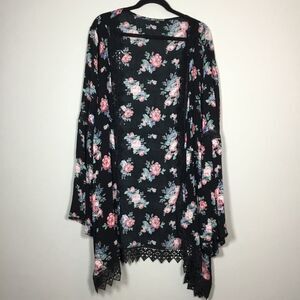 Bell sleeve roses pattern embroidery black cover up duster boho hippie floaty 2X